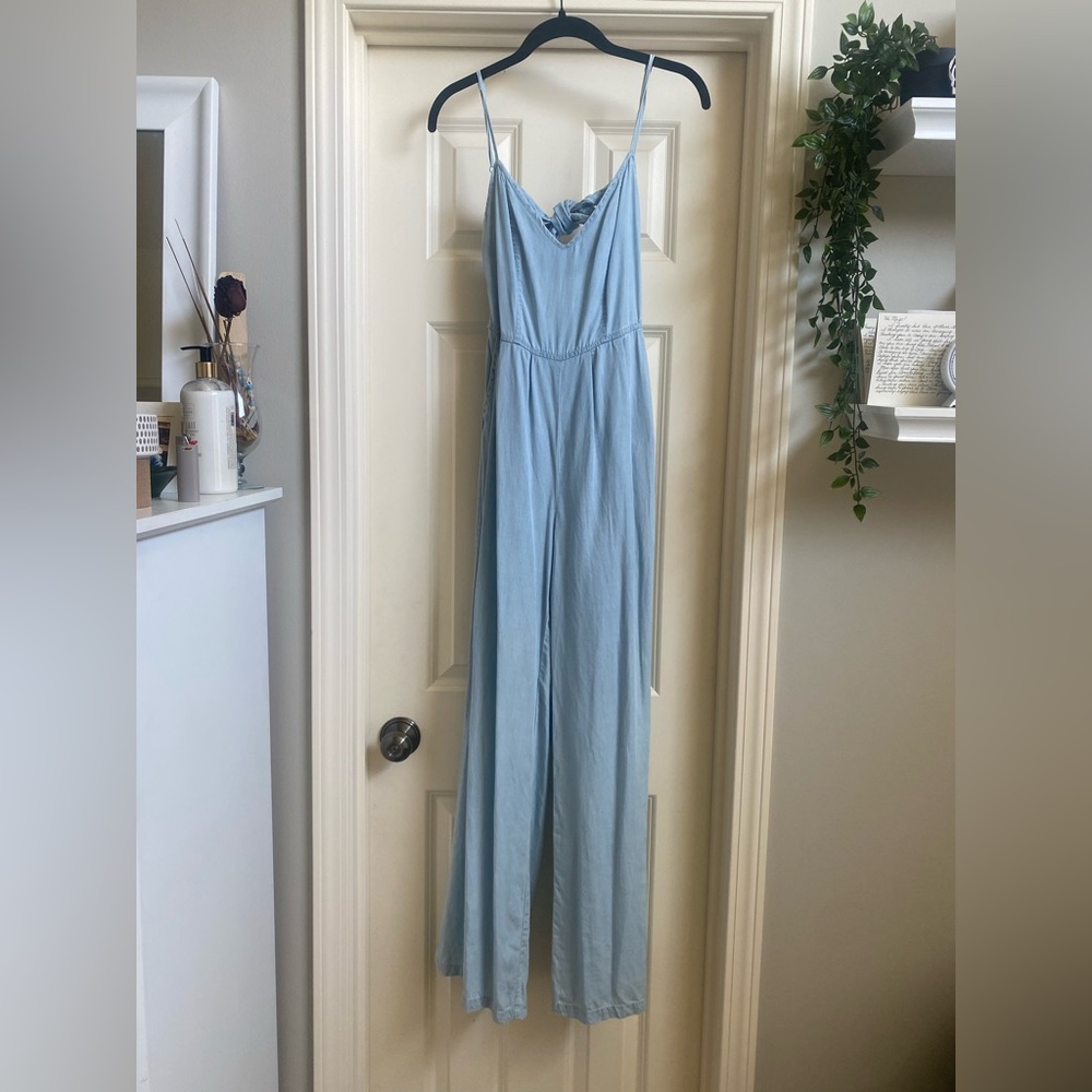 Faux denim wide leg jumpsuit